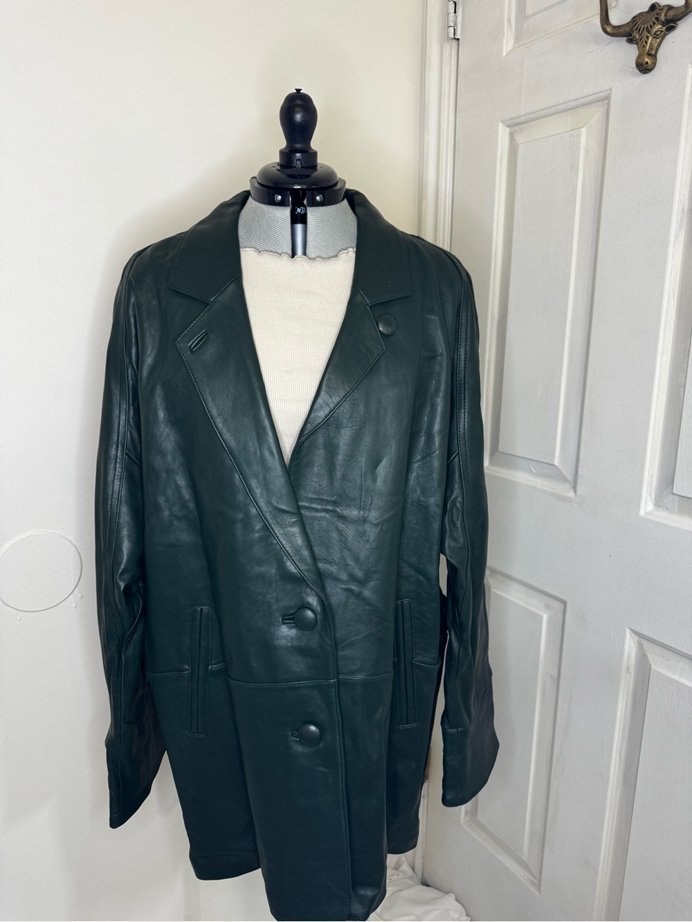 Vintage Dark Green Leather Double-Breasted Jacket